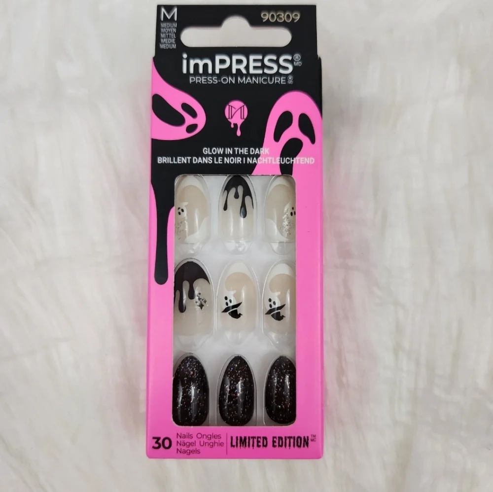 KISS Impress Goosebumps Halloween Black Glitter and Ghost Press on Nails